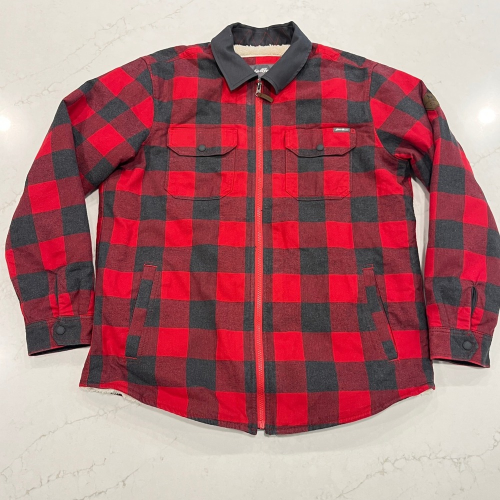 Eddie Bauer Buffalo Plaid Flannel Sherpa Lined Jacket Mens L Red Outdoor Rugged